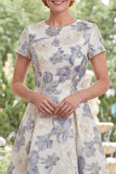 Dusty Blue Round Neck Floral A Line Long Mother of the Bride Dress