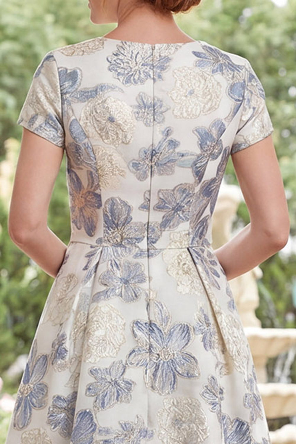 Dusty Blue Round Neck Floral A Line Long Mother of the Bride Dress