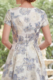 Dusty Blue Round Neck Floral A Line Long Mother of the Bride Dress