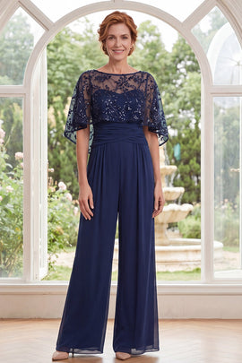 Sparkly Navy Beaded Long Mother of the Bride Jumpsuits with Cape