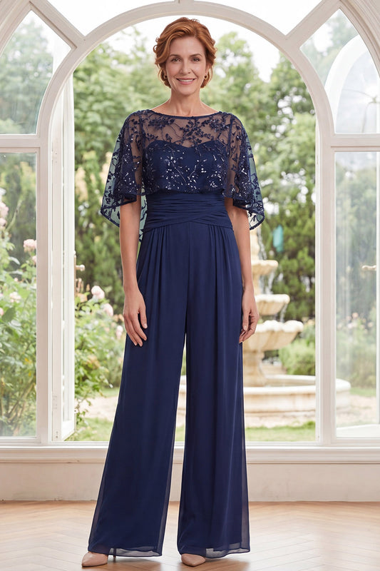Sparkly Navy Beaded Long Mother of the Bride Jumpsuits with Cape