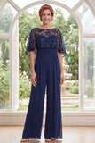 Sparkly Navy Beaded Long Mother of the Bride Jumpsuits with Cape