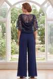 Sparkly Navy Beaded Long Mother of the Bride Jumpsuits with Cape