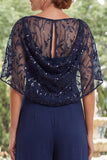 Sparkly Navy Beaded Long Mother of the Bride Jumpsuits with Cape