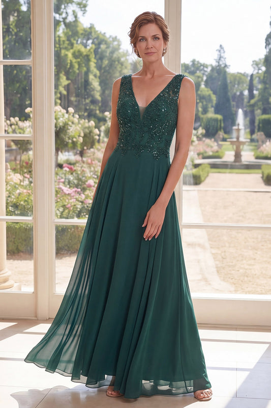 Dark Green V-Neck Beaded A Line Long Mother of the Bride Dress