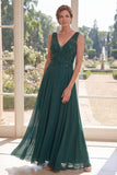 Dark Green V-Neck Beaded A Line Long Mother of the Bride Dress