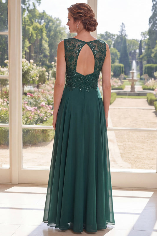Dark Green V-Neck Beaded A Line Long Mother of the Bride Dress