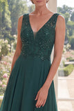 Dark Green V-Neck Beaded A Line Long Mother of the Bride Dress