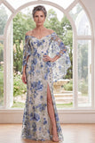 Blue Flower Mermaid Long Mother of the Bride Dress with Cape