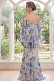 Blue Flower Mermaid Long Mother of the Bride Dress with Cape