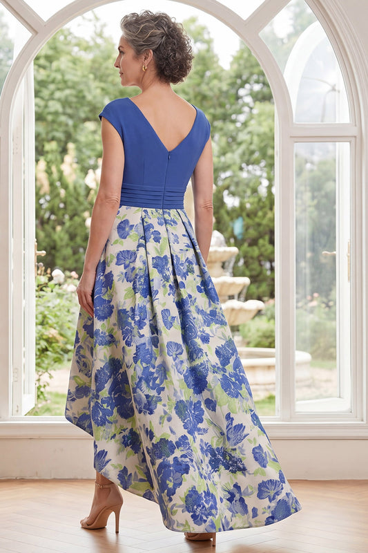Blue Daffodil Flower A Line High Low V-Neck Mother of the Bride Dress