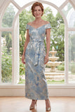 Blue Floral Off the Shoulder Sheath Long Mother of the Bride Dress