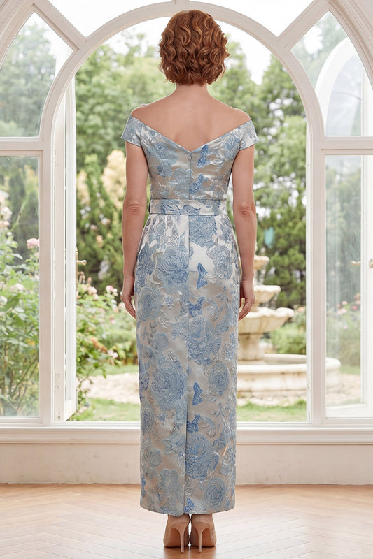 Blue Floral Off the Shoulder Sheath Long Mother of the Bride Dress