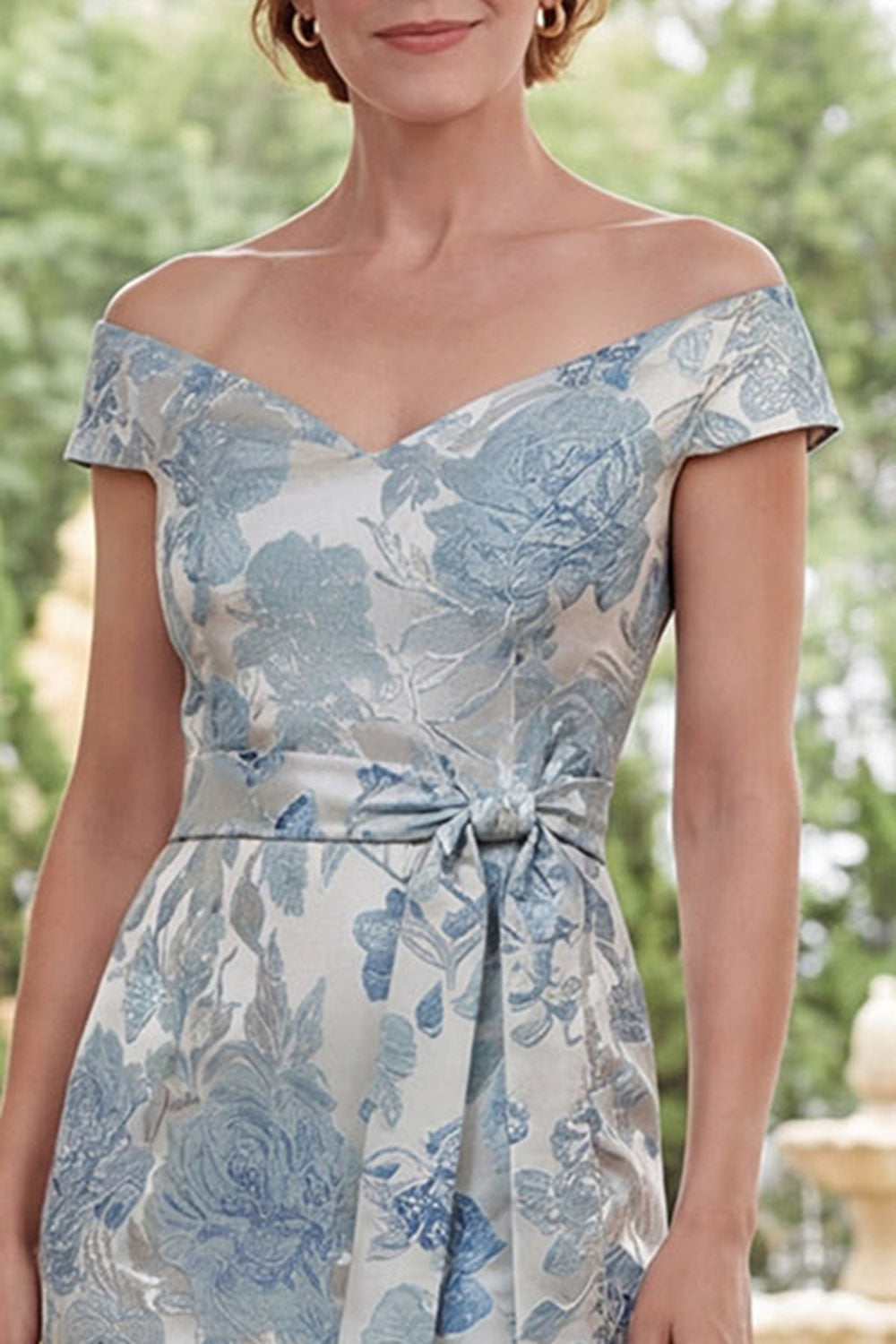Blue Floral Off the Shoulder Sheath Long Mother of the Bride Dress