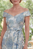 Blue Floral Off the Shoulder Sheath Long Mother of the Bride Dress