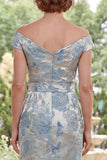 Blue Floral Off the Shoulder Sheath Long Mother of the Bride Dress