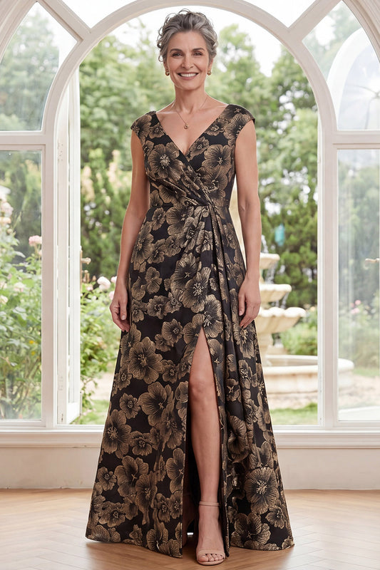 V-Neck Black Floral A Line Long Mother of the Bride Dress with Slit