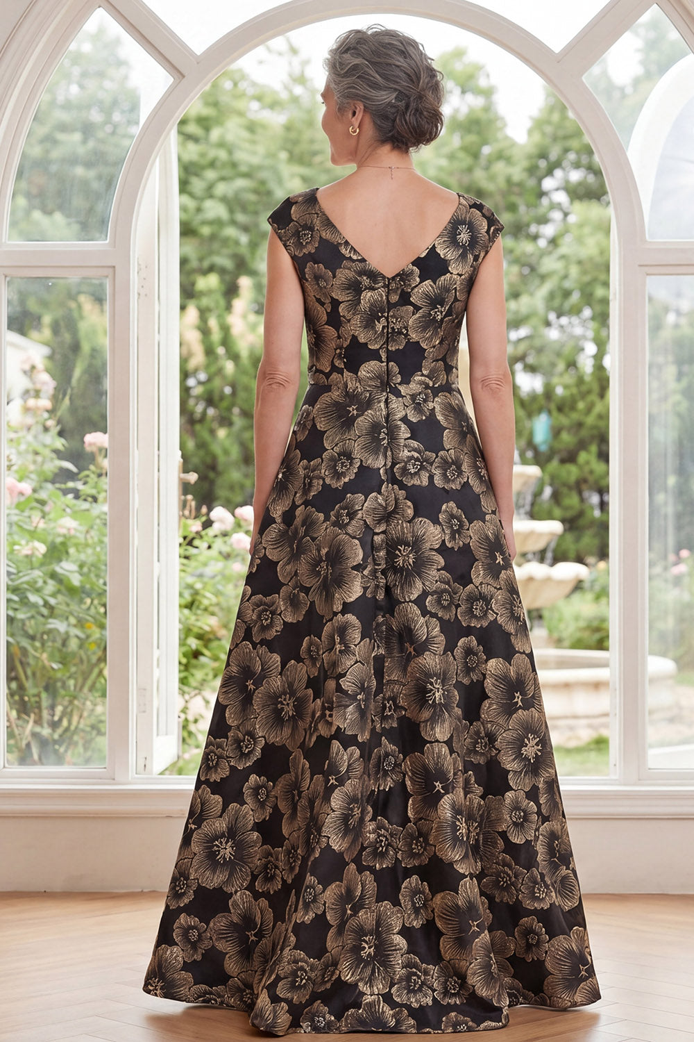 V-Neck Black Floral A Line Long Mother of the Bride Dress with Slit