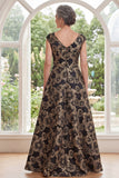 V-Neck Black Floral A Line Long Mother of the Bride Dress with Slit