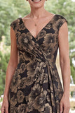 V-Neck Black Floral A Line Long Mother of the Bride Dress with Slit