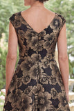 V-Neck Black Floral A Line Long Mother of the Bride Dress with Slit