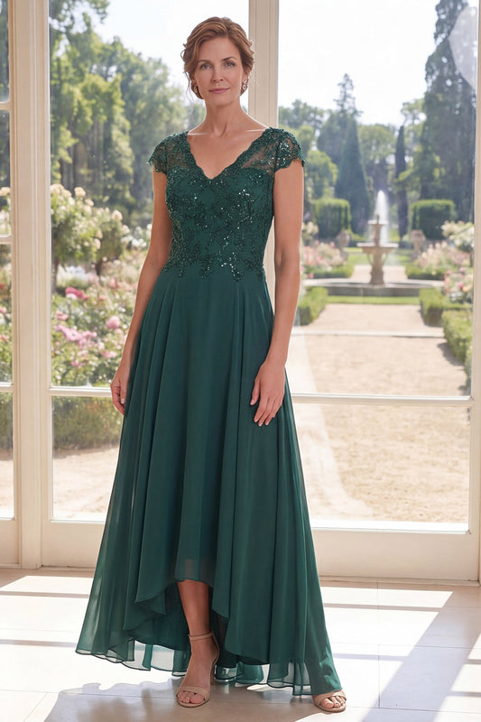 Dark Green Cap Sleeves Beaded A Line Long Mother of the Bride Dress