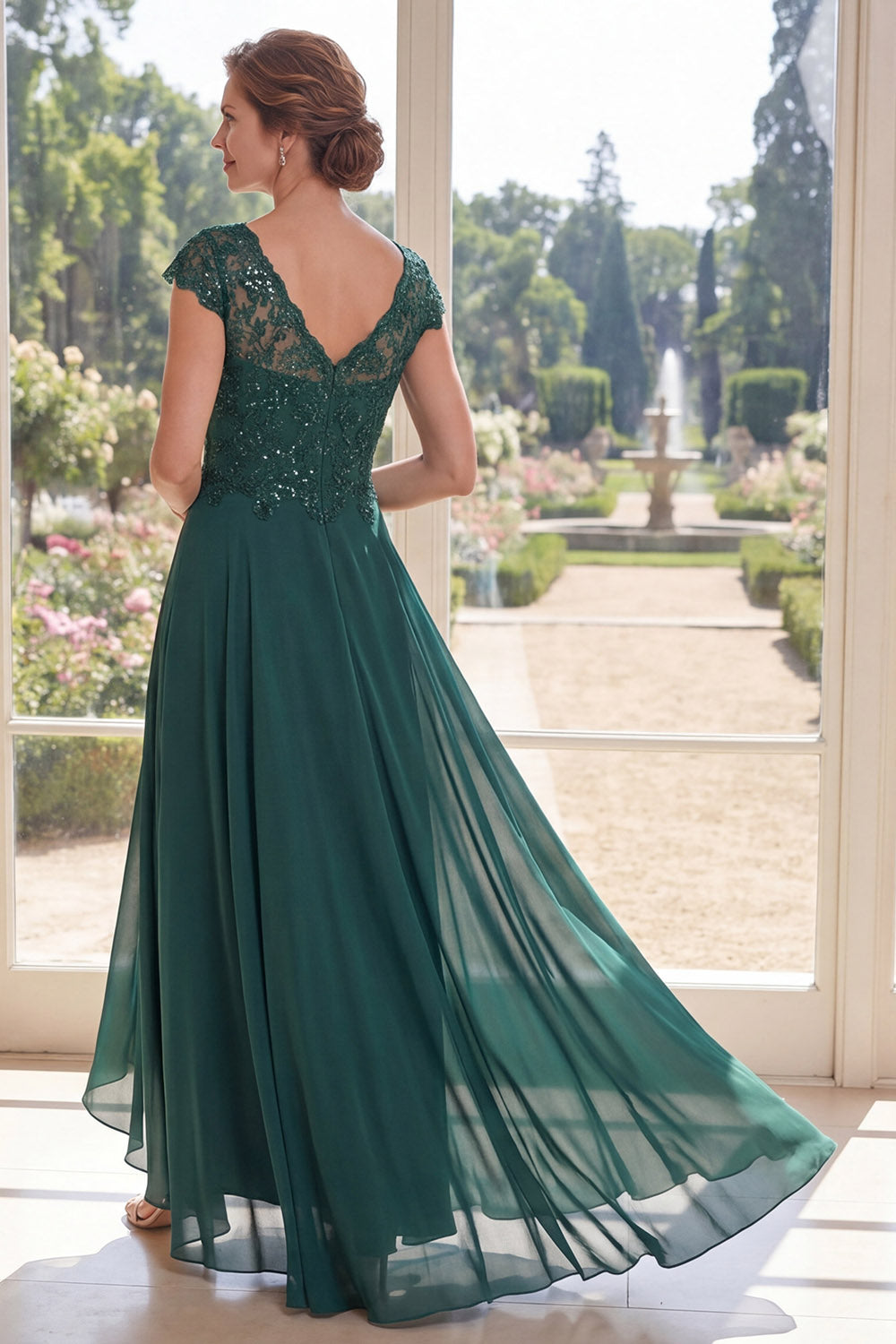 Dark Green Cap Sleeves Beaded A Line Long Mother of the Bride Dress