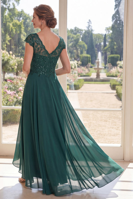 Dark Green Cap Sleeves Beaded A Line Long Mother of the Bride Dress