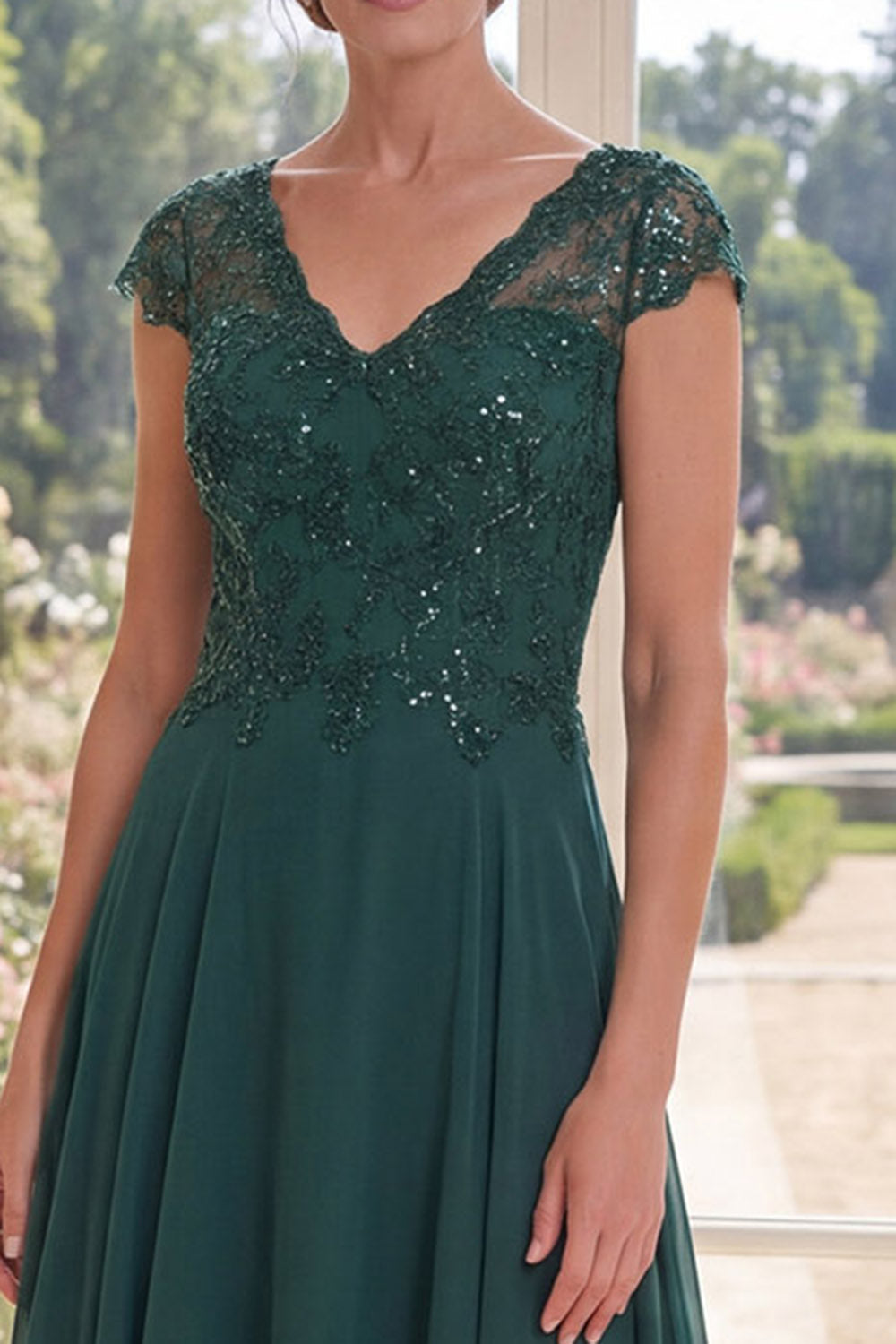 Dark Green Cap Sleeves Beaded A Line Long Mother of the Bride Dress