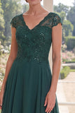 Dark Green Cap Sleeves Beaded A Line Long Mother of the Bride Dress