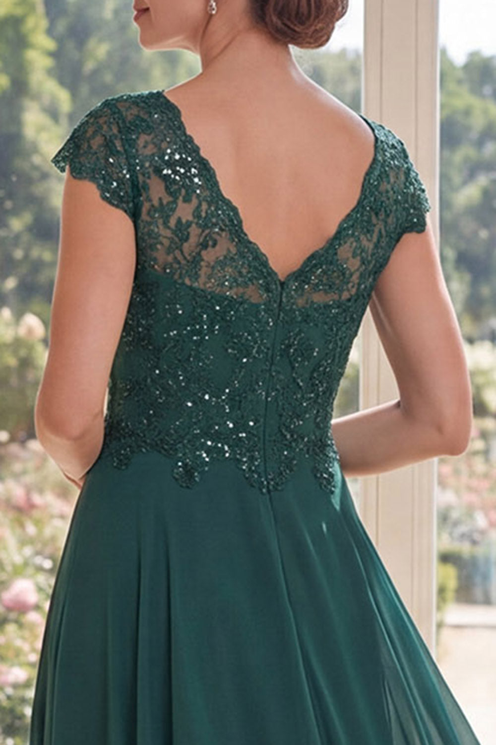 Dark Green Cap Sleeves Beaded A Line Long Mother of the Bride Dress