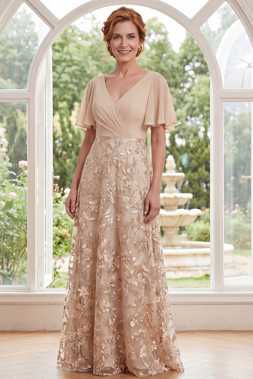 A Line Long Ruched Champagne V-Neck Floral Mother of the Bride Dress