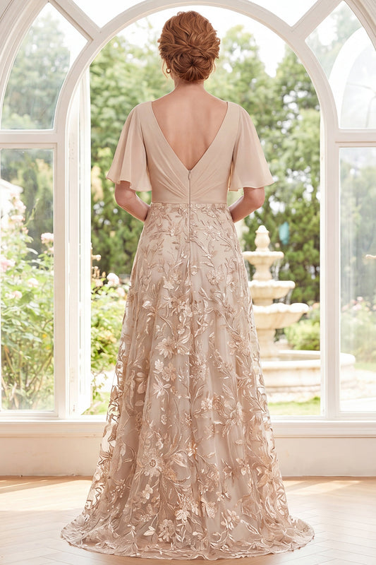 A Line Long Ruched Champagne V-Neck Floral Mother of the Bride Dress