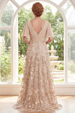 A Line Long Ruched Champagne V-Neck Floral Mother of the Bride Dress