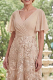 A Line Long Ruched Champagne V-Neck Floral Mother of the Bride Dress