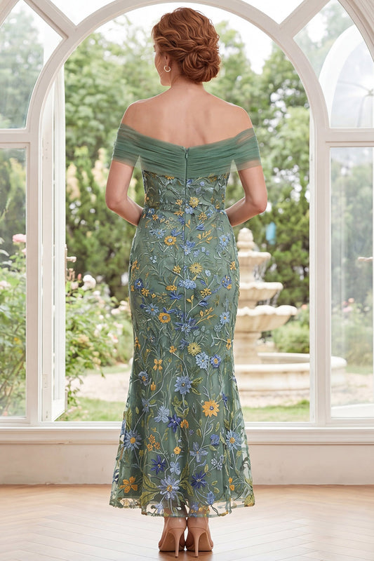 Green Off the Shoulder Ruched Floral Mermaid Long Mother of the Bride Dress