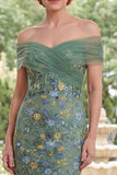 Green Off the Shoulder Ruched Floral Mermaid Long Mother of the Bride Dress