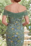 Green Off the Shoulder Ruched Floral Mermaid Long Mother of the Bride Dress
