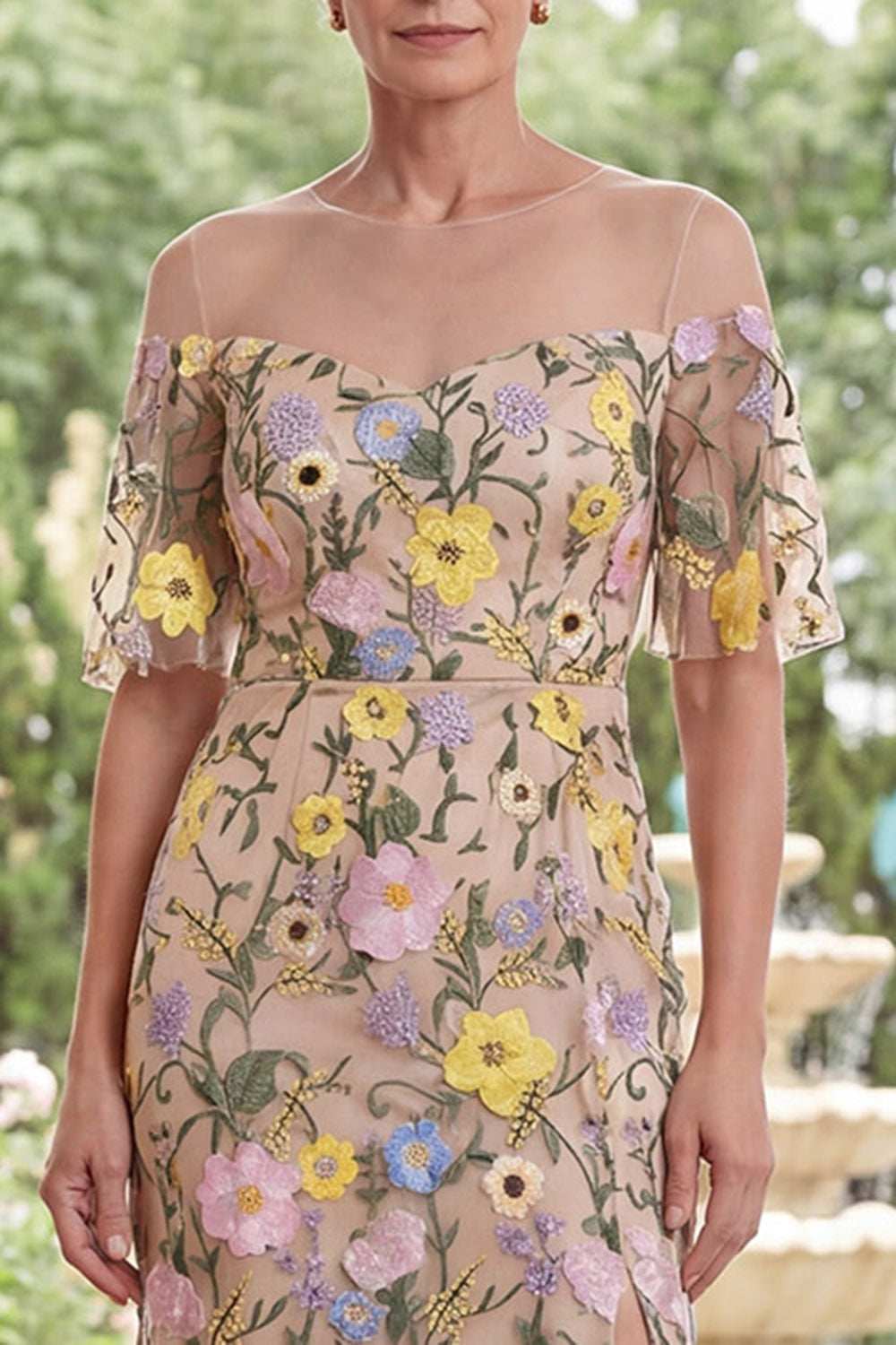 Champagne Boat Neck Floral Sheath Long Mother of the Bride Dress with Slit