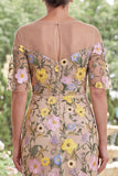 Champagne Boat Neck Floral Sheath Long Mother of the Bride Dress with Slit