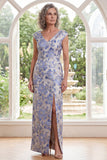 White Blue Flower Sheath Long V-Neck Mother of the Bride Dress with Slit