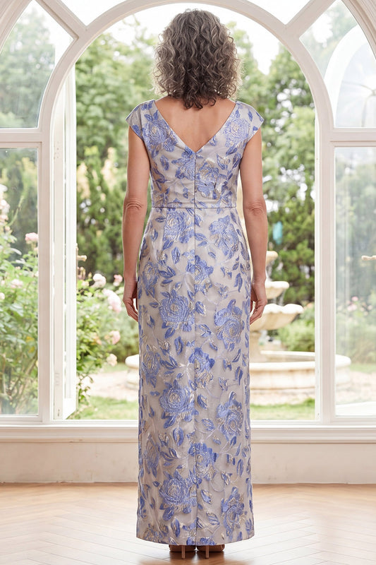 White Blue Flower Sheath Long V-Neck Mother of the Bride Dress with Slit
