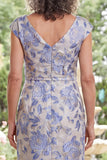 White Blue Flower Sheath Long V-Neck Mother of the Bride Dress with Slit