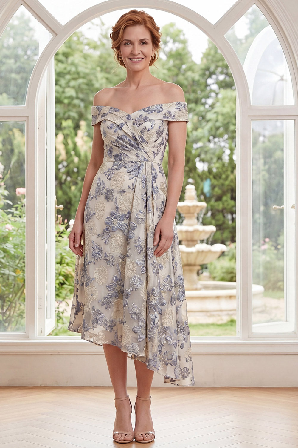 Dusty Blue Off the Shoulder Floral A Line Asymmetrical Mother of the Bride Dress