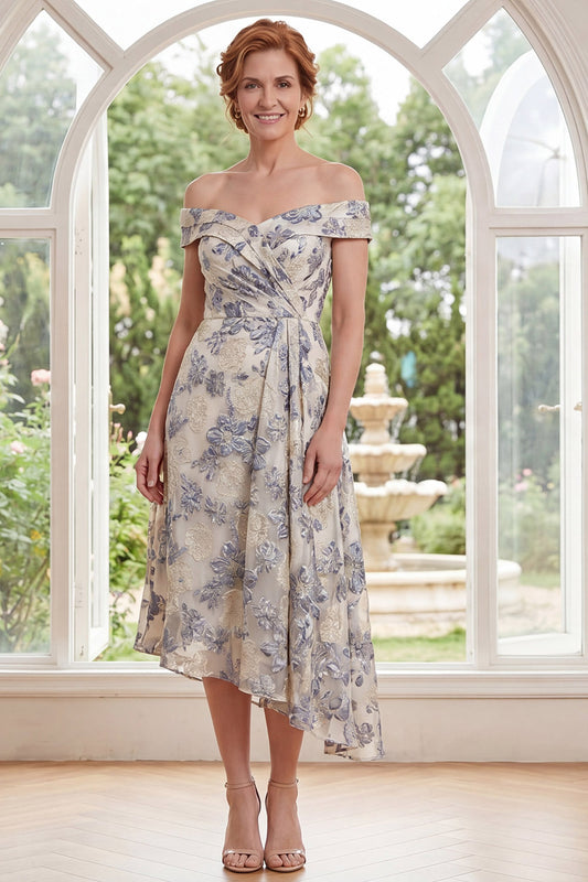 Dusty Blue Off the Shoulder Floral A Line Asymmetrical Mother of the Bride Dress