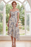 Dusty Blue Off the Shoulder Floral A Line Asymmetrical Mother of the Bride Dress