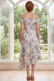 Dusty Blue Off the Shoulder Floral A Line Asymmetrical Mother of the Bride Dress