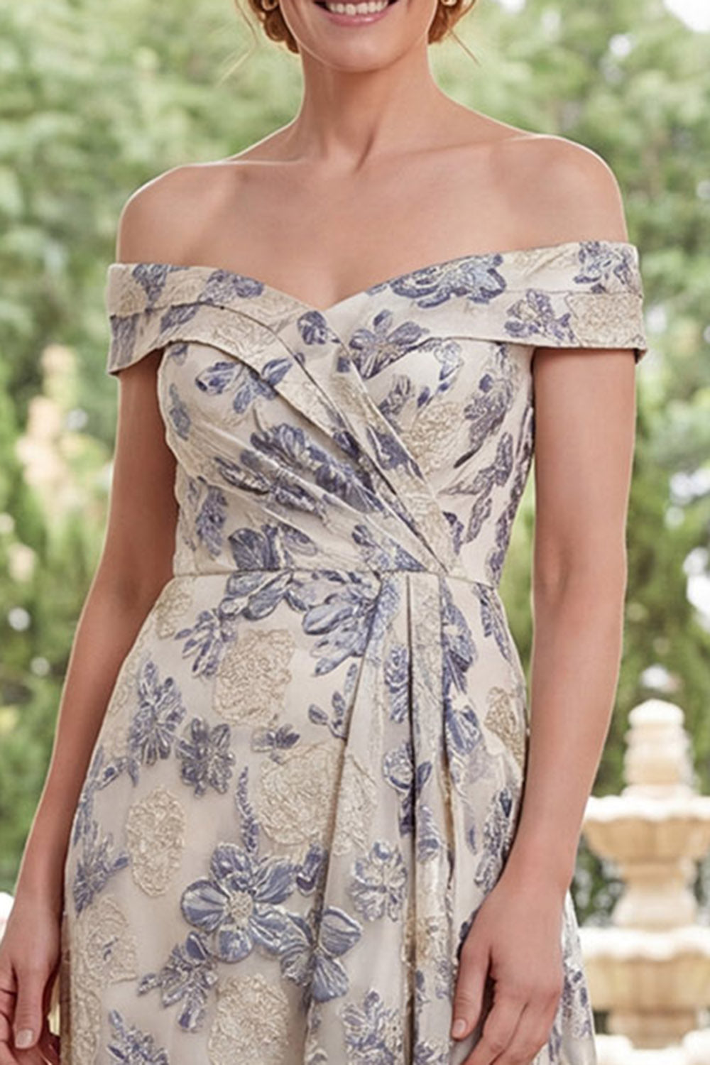 Dusty Blue Off the Shoulder Floral A Line Asymmetrical Mother of the Bride Dress