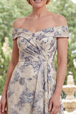 Dusty Blue Off the Shoulder Floral A Line Asymmetrical Mother of the Bride Dress