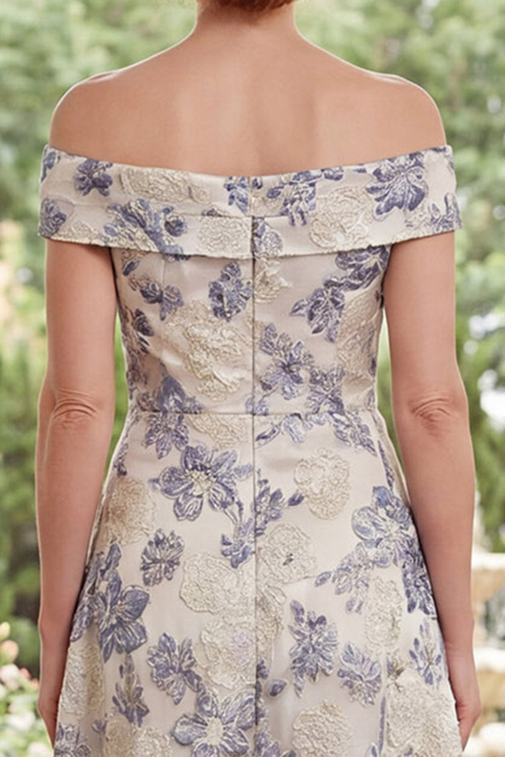 Dusty Blue Off the Shoulder Floral A Line Asymmetrical Mother of the Bride Dress